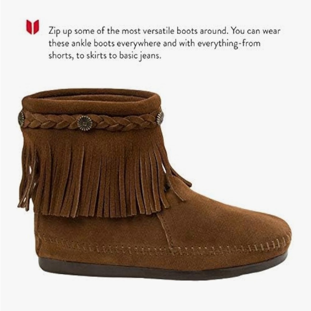 Minnetonka Brown Concho Suede Fringe Braid Ornamented Boots Size 8.5 Boho - Picture 13 of 16